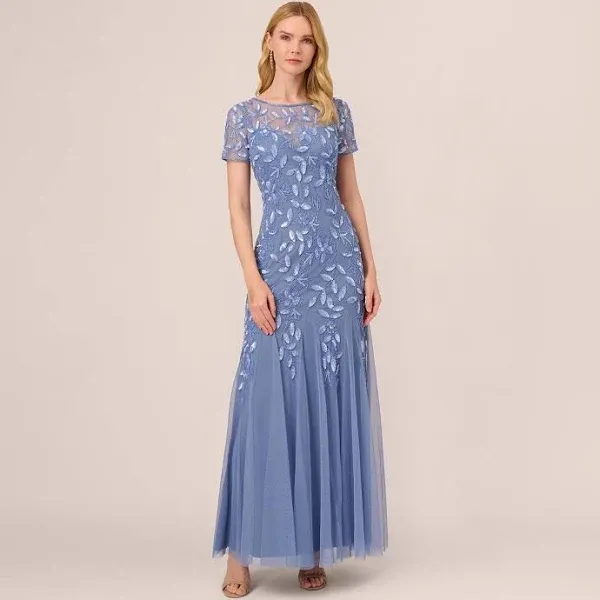 Adrianna Papell Hand Beaded Short Sleeve Floral Godet Gown, French Blue, Size: 0