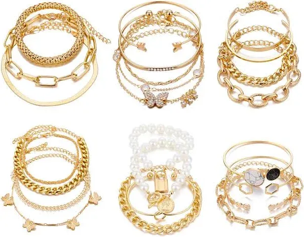 IFKM 6 PACK (24 PCS) Boho Gold Chain Bracelets Set for Women 14K Gold