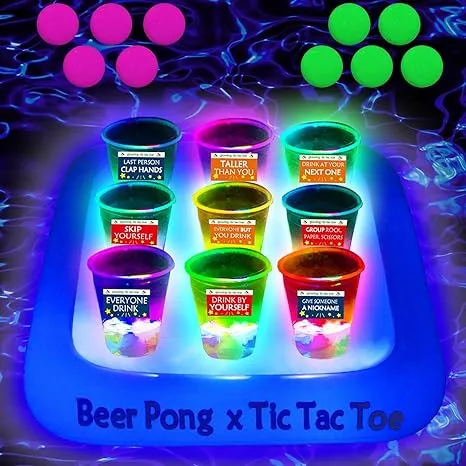 23*23 Inch Glowing Beer Pong Pool Party Rack Tic Tac Toe Floating Rafts, Swimming Pool Pong Party Game Drinking Game and Drink Holder, Includes 1 Rafts 9 Cups and 10 Pong Balls, Flashing Color 1