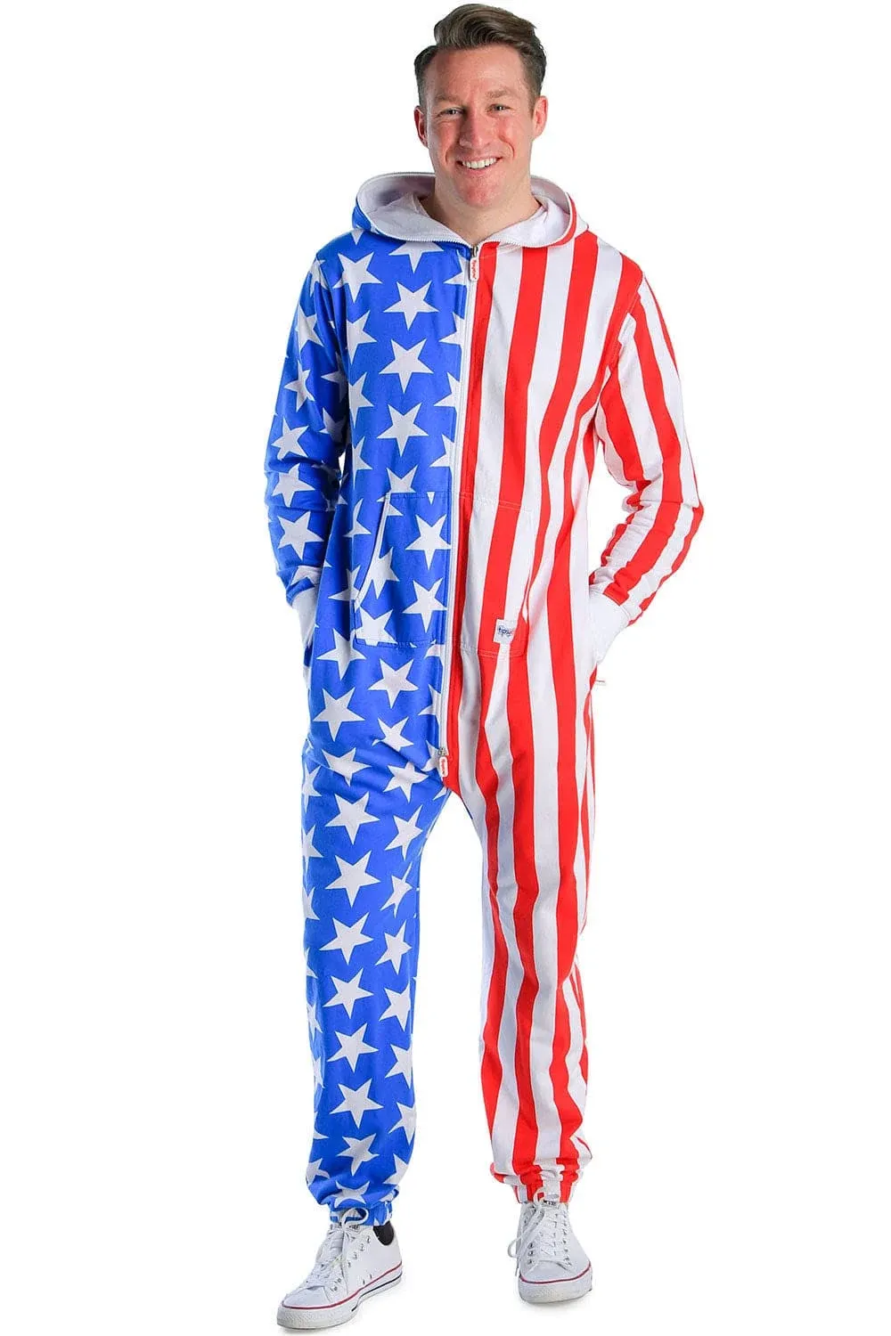 Tipsy Elves American Flag Jumpsuits for Adults - Comfy Unisex Patriotic Onesies with Convenient Pockets and Full Zip