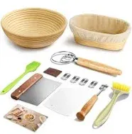 Sourdough Bread Baking Supplies, Banneton Bread Proofing Basket Set of 2, 9 Inch Round &10 Oval, Sourdough Starter Kit, for Making Baking Fermentation