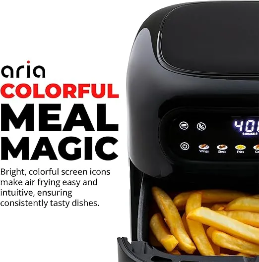 Aria 5qt Air Fryer Compact Design with 6-in-1 Cooking Presets and Colorful Menu Icons