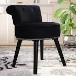 Veikous Black Wood Upholstered Vanity Stool Round Velvet 17.3 in. W x 15.7 in. D x 25.1 in. H