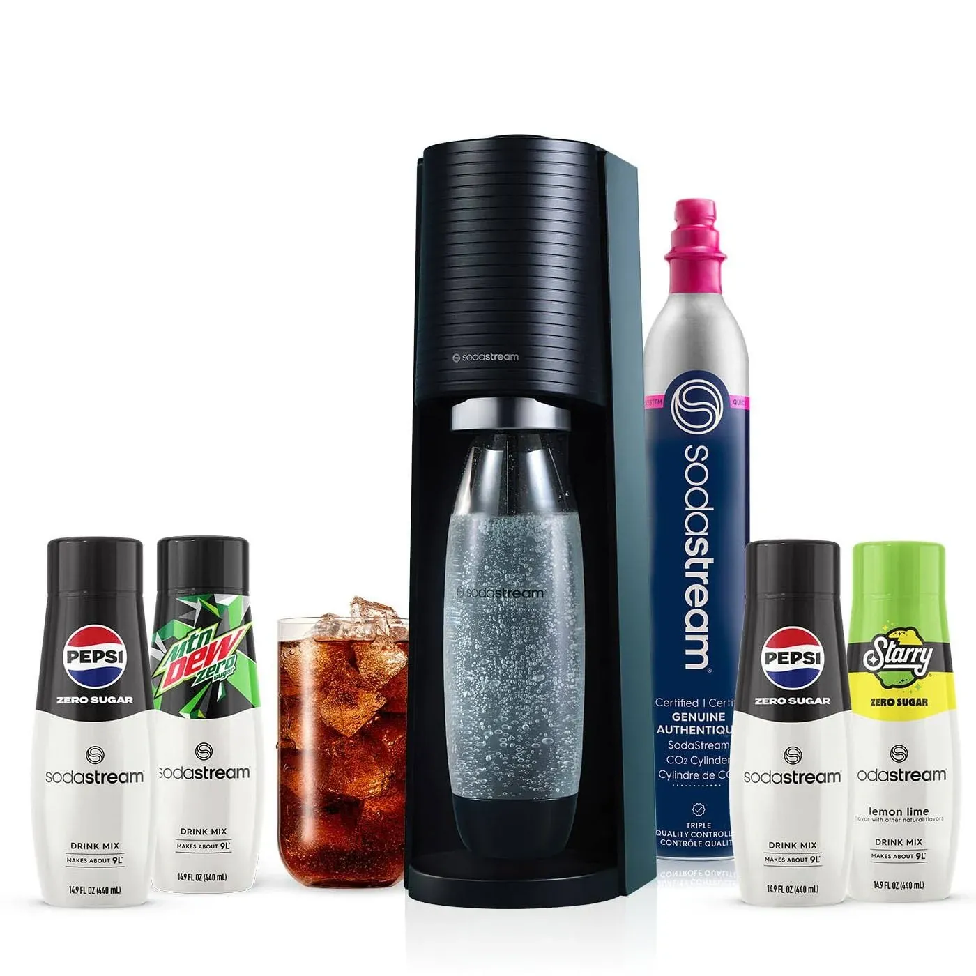 SodaStream Terra Sparkling Water Maker Bundle in Black - Includes CO2, Carbonating Bottle, and Pepsi Zero Sugar, Starry Zero Sugar and Mtn Dew