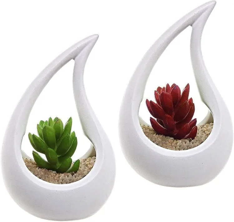 MyGift Set of 2 White Unglazed Ceramic Tear Drop Design Air Plant Container Vase