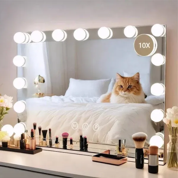 Vanity Mirror with Lights 22" x 18" Large Makeup Mirror Hollywood Mirror with 15 Dimmable LED Bulbs 3 Color Modes 10X Magnification & USB Charging Port Mirror for Wall-Mounted or Tabletop