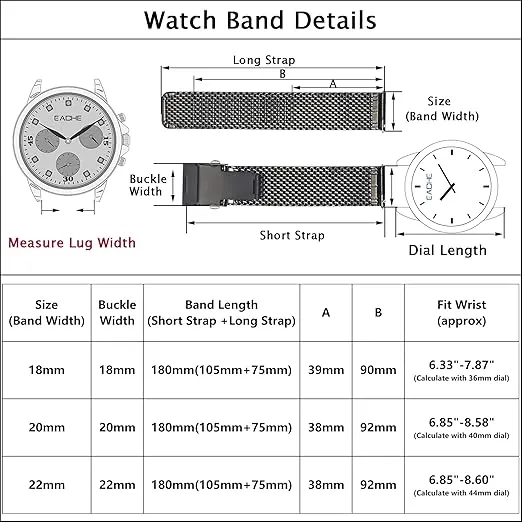 EACHE Stainless Steel Thick Mesh Watch Bands for Mens, Quick Release Adjustable Heavy Duty Mesh Watch Straps 18mm 20mm 22mm