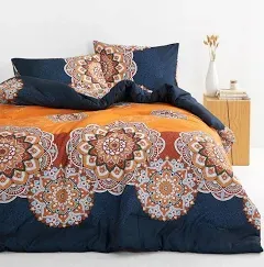 Wake In Cloud - Boho Comforter Set, Bohemian Chic Mandala Medallion Colorful Hippie Aesthetic, Soft Lightweight Bedding, 3 Pieces, Coral Green, Full Size