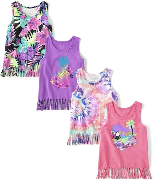 Girls Tropical Fringe Tank Top 4-Pack - In the pink