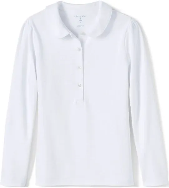 Lands' End School Uniform Girls Long Sleeve Peter Pan Collar Polo Shirt - Medium - White