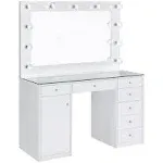 MAKLAINE 61" H x 46" W Modern Wood & Glass Vanity Desk with Clear Tempered Glass Top, 7 Spacious Drawers with Crystal-Like Acrylic Knob, Vanity Mirror with 11 Glove-Style LED Bulbs, in White Finish