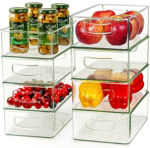 Hudgan Set Of 8 Stackable Organizer Bins, Straight Sides Plastic Storage Containers for Pantry Organization and Kitchen Storage Bins, Acrylic Clear Bins for Organizing