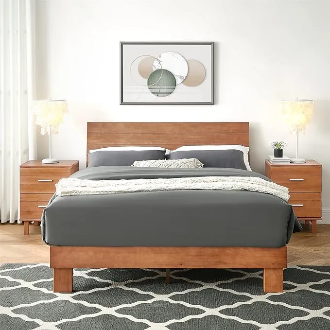 MUSEHOMEINC Low Profile Modern Wooden Platform Bed with Adjustable Height Headboard for Bedroom, Queen Size Wooden Bed Frame with Headboard,Wood Slat Support & No Box Spring Needed, Cherry. (King)