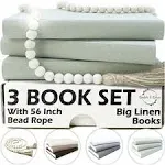 Linen Decorative Books for Home Decor - Designer Boho Decor Books for Coffee Table, Bookshelf, Mantle Decoration - Aesthetic Faux Console Table Books with 56in. Farmhouse Wood Bead Garland - Set of 3