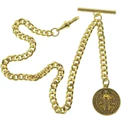 Albert Chain Gold Color Pocket Watch Chain Fob Chain for Men with Saint Benedict Medal Fob Swivel Clasp and T Bar AC212