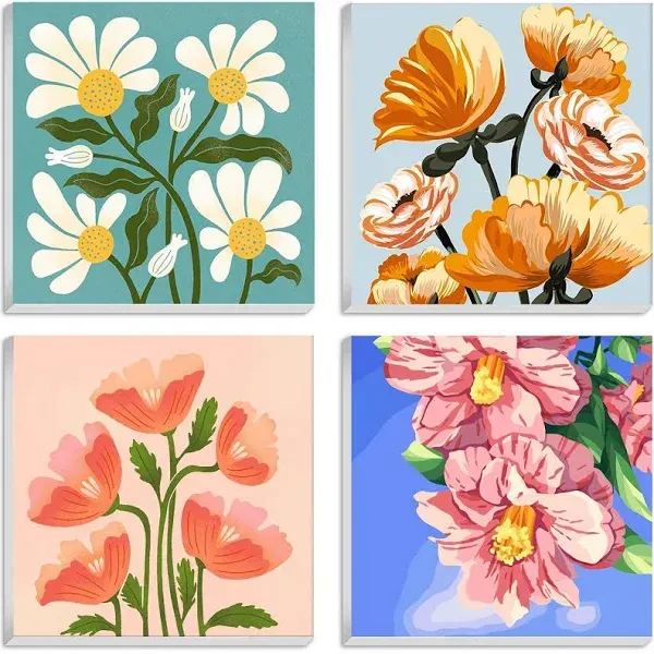 Amphol Flowers Paint by Number for Adults Canvas Framed, 4 Pack 10"x10" Easy Framed Paint by Number Kits for Beginner Kids, DIY Simple Flowers Acrylic Oil Painting Number Kits with Frame