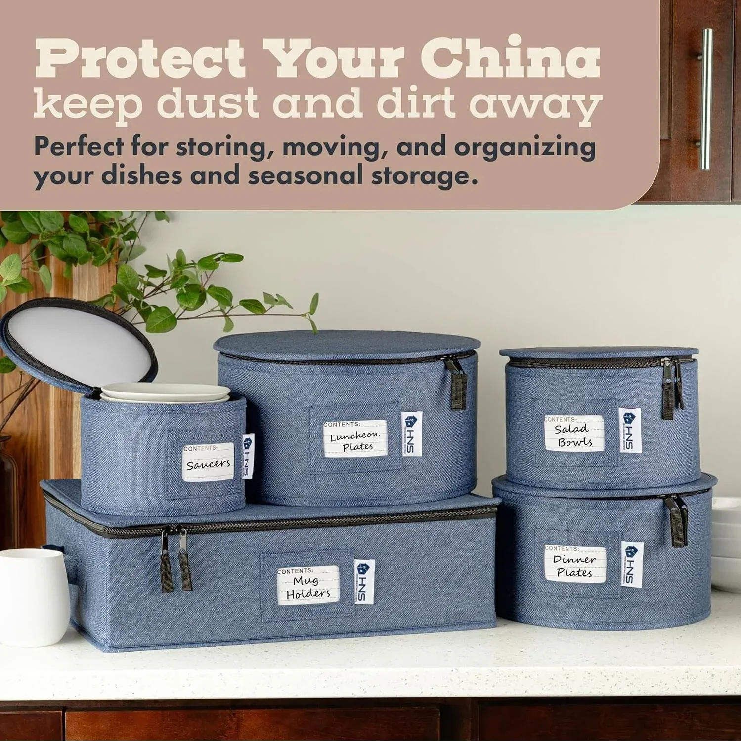 Hard Shell China Storage Containers 5-Piece Set Moving Boxes for Dinnerware, Glasses, Plates, Mugs and Saucers - Denim Blue