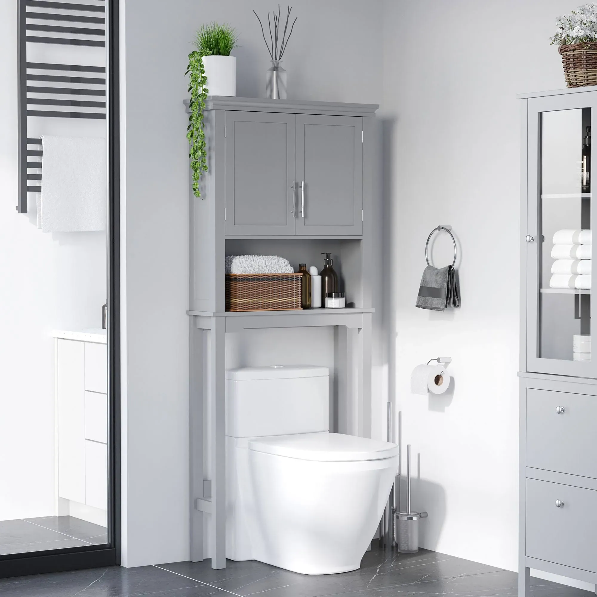 Kleankin Modern Over The Toilet Storage Cabinet, Double Door Bathroom Organizer ...