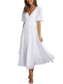 Houlengs Women's Deep V Neck Puff Short Sleeve Tiered Dress Midi Dresses