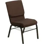 Hercules Series 18.5''W Church Chair with Book Rack Brown Fabric/Gold Vein Frame