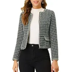 Allegra K Women's Plaid Tweed Blazer Long Sleeve Open Front Work Office Short Jacket