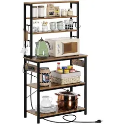 Rolanstar Baker's Rack with 4AC Power Outlet, 59.1in Microwave Stand with 10 Hooks, Stable Coffee Bar Table, 6-Tier Kitchen Storage Shelf Rack, Black