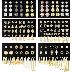 If You 84 Pairs Gold Stud Earrings Set for Women Multipack, Fashion Pearl Cubic Zirconia Butterfly Earrings Packs Piercings, Hypoallergenic Stud Hoops