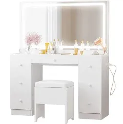 Ironck Vanity Desk with LED Lighted Mirror, Power Outlet, 7 Drawers, Makeup Vanities,