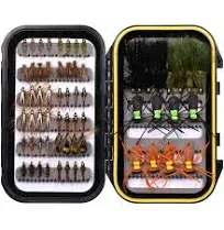 Wifreo Fly Fishing Flies Assortment with Waterproof Fly Box, 28/40/64/92/120pcs Dry/Wet/Nymph/Streamer Flies, Trout/Bass/Panfish/Salmon Fishing Flies