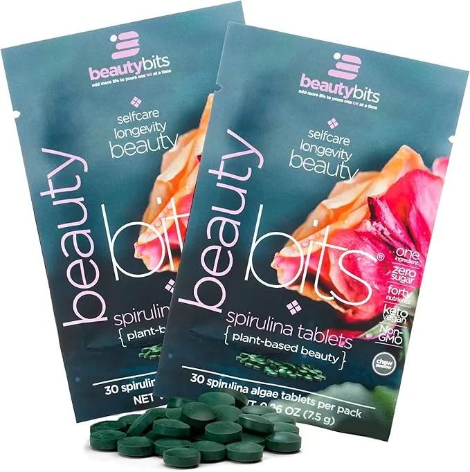 BEAUTYbits - Organic Spirulina Tablets - Algae Superfood - Collagen, Protein, Chlorophyll - Hair, Nails, & Skin Care - Vegan, Keto, Gluten Free - Self Care - Skincare Beauty Gifts - 2 Bags, 60 Tablets