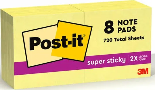 3M Post-It Super Sticky Notes Canary Yellow 8-pack