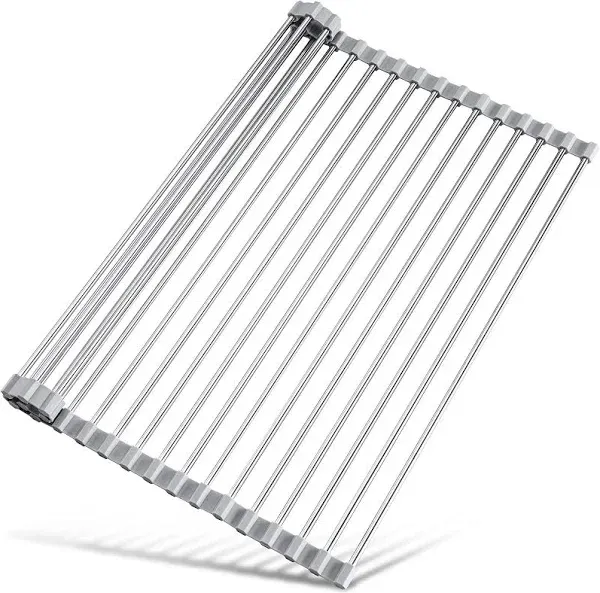 Tomorotec 21" x 15.5" Roll Up Dish Drying Rack Over Sink Drying Rack Sink Cover Kitchen Sink Accessories Gadget Multipurpose Organizer Foldable Stainless Steel Drainer