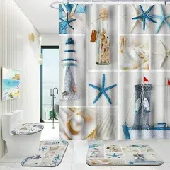 Poedist 4 Pcs Bathroom Shower Curtain Sets,Kid's Shower Curtain Sets with Rugs(Bath Mat,U Shape and Toilet Lid Cover Mat) and 12 Hooks,Under The Sea