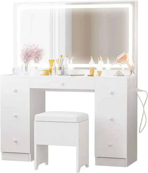 Ironck Vanity Desk with LED Lighted Mirror, Power Outlet, 7 Drawers, Makeup Vanities,