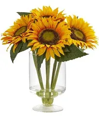 Nearly Natural 12in. Sunflower Artificial Arrangement in Glass Vase