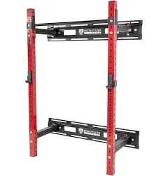 Signature Fitness 3 x 3 Wall Mounted Fold-in Power Cage Squat Rack with Adjustable Pull Up Bar and J Hooks - Space-Saving Home Gym Red