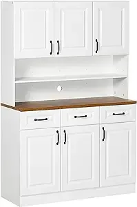 HOMCOM 71" Kitchen Pantry, Freestanding Buffet with Hutch, Farmhouse Storage Cabinet, Microwave Cabinet with 3 Drawers, 6 Doors, 2-Tier Countertop and Adjustable Shelves, White