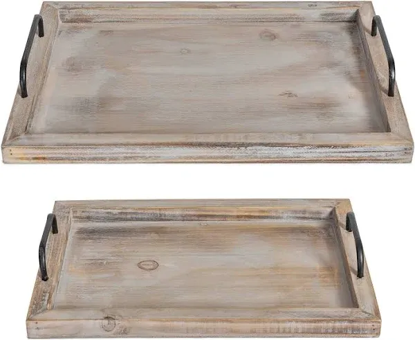 Besti Rustic Vintage Food Serving Trays (Set of 2) | Wooden Board w/Metal Handles | Stylish Farmhouse Decor Serving Platters | Small: 13.5" x 2 x 9.5, Large: 15.9" x 2" x 11.8" (Rustic Dark Brown)