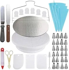 Cake Decorating kit - Cake Turntable and 10 inch Cake Board,2 Icing Spatula 3 Cake Scrapers,Cake Brush,Cake Flower Lifter,Cake Pen,3 Pastry Bags 24 Stainless Icing Tip 6 Piping Tip Couplers