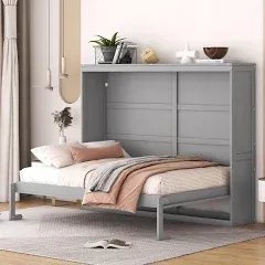 Gray Full Murphy Bed Frame, Foldable Cube Cabinet Full Size Platform Bed, Modern Murphy Bed, Space-Saving Wall Bed for Guest Room or Home Office, No Box Spring Needed, Noise Free