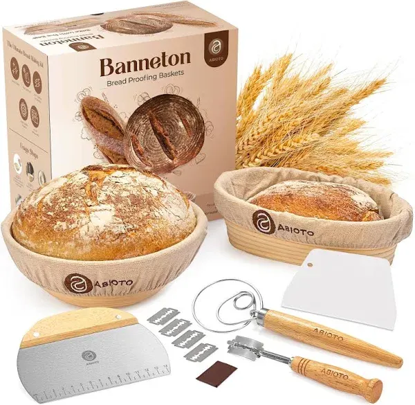 Sourdough Bread Making Kit and Proofing Baskets, A Complete Bread Baking Supplies Set Including 9" Round & 10" Oval Bannetons, Bread Lame, Danish Whisk, Bowl & Dough Scrapers,Brush, and Linen Liners