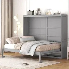 Unique Full Size Murphy Bed Wall Bed Chest, Foldable Platform Bed Folded into Cabinet, Muti-Functional Designed for Guest Room Home Office (Gray/Murphy Bed3, Full)