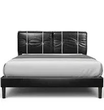 BONSOIR Queen Size Bed Frame Upholstered Low Profile Modern Platform Bed with Faux Leather Headboard/No Box Spring Needed/No Bed Skirt Needed/Black Faux Leather (Black)