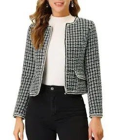 Allegra K Women's Plaid Tweed Long Sleeve Open Front Work Office Cropped Jacket Blazer