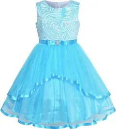 Sunny Fashion Flower Girls Dress Blue Belted Wedding Party Bridesmaid Size 4-12