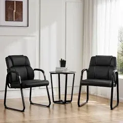 Sweetcrispy Waiting Room Chairs Set of 4 Leather Stationary Office Guest Chair No Wheels Comfy Padded Arms and Seld Base