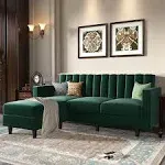 Honbay Mid-Century Velvet Sectional Sofa with Double Chaise & Storage Ottoman, Green, Size: Large