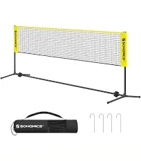 SONGMICS Badminton Net, Height Adjustable Volleyball Net, Pickleball Net for Junior Tennis, Kids, Indoor Outdoor Court, Foldable Nylon Net with Poles 10ft/13ft/16.5ft Wide