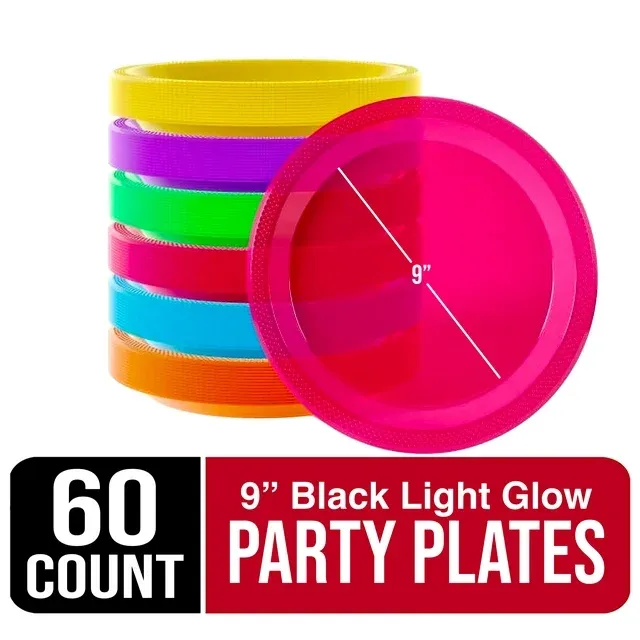 Exquisite Black Light Glow Party Plates - 9 Inch. - Assorted Colors - 60 count