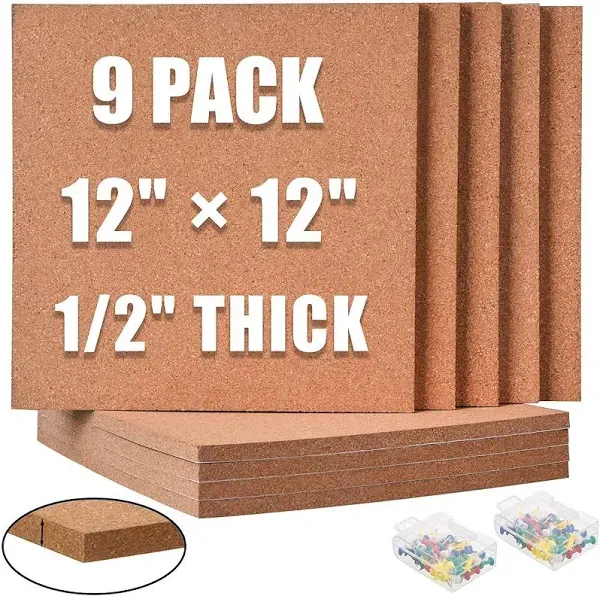 SUNGIFT Cork Board 12&#034;x12&#034; - 1/2&#034; Thick Square Bulletin Boards 9 Pack Cork Ti...